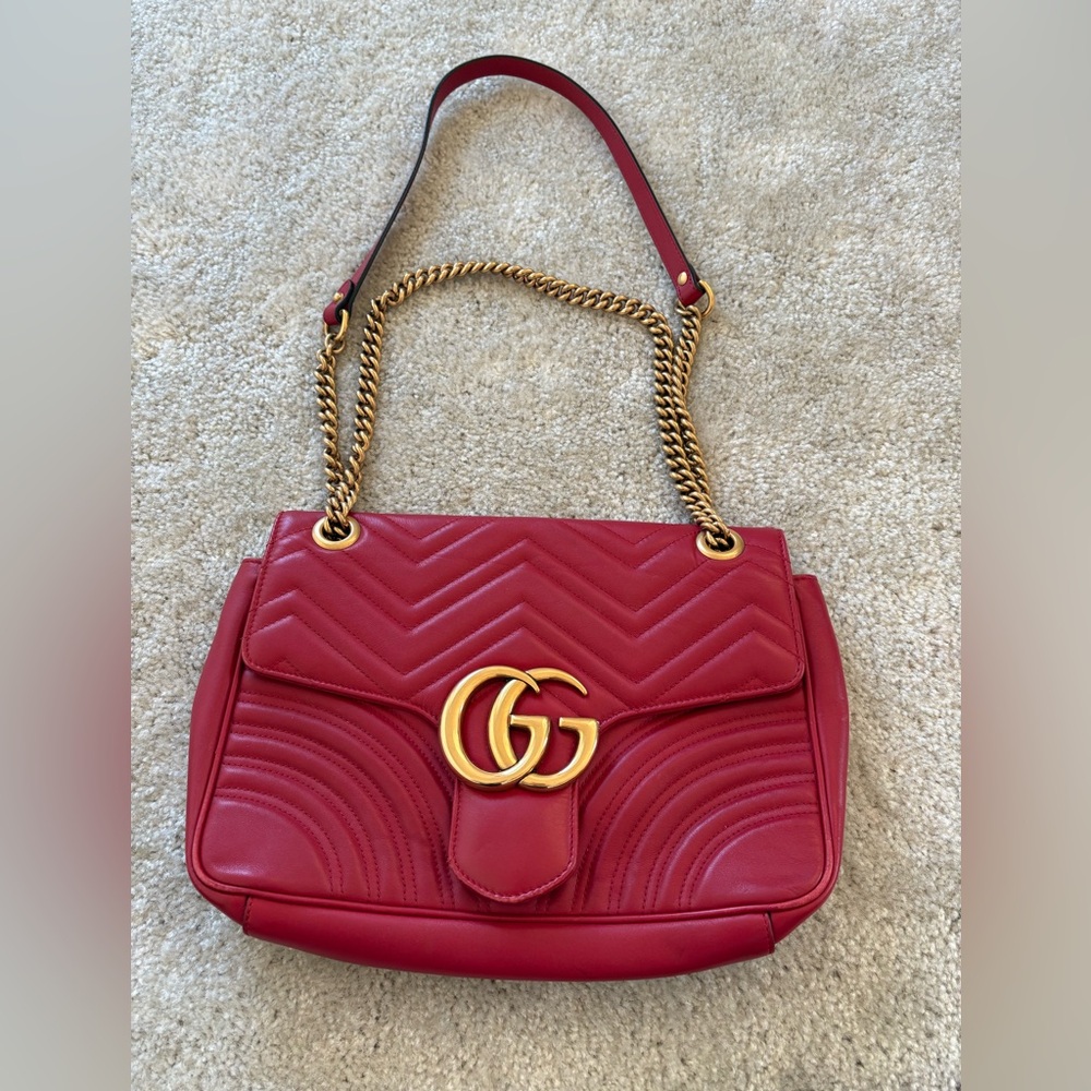 Gucci Red GG Marmont Chevron Shoulder Bag with Gold Hardware